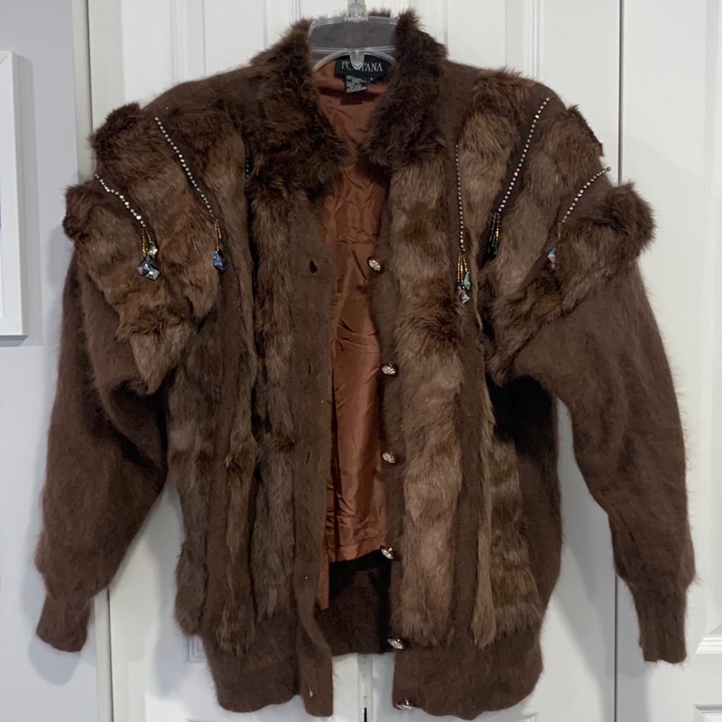Angora Rabbit Fur Hair Vintage Genuine Embellished Rhinestone Jacket Size Large